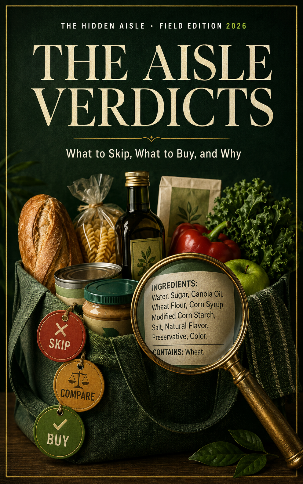 Cover artwork for The Aisle Verdicts: a woven basket of groceries with a magnifying glass over a nutrition panel and green, gold and red verdict tags.