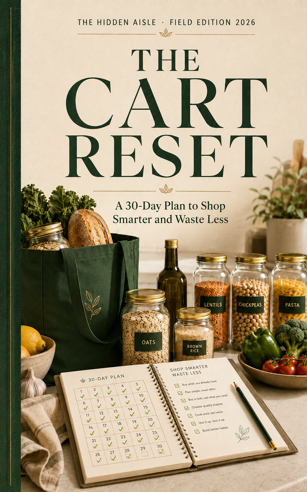 Cover artwork for The Cart Reset: a green tote of kale, pantry jars of grains and pasta, and an open notebook with a pencil on a kitchen counter.