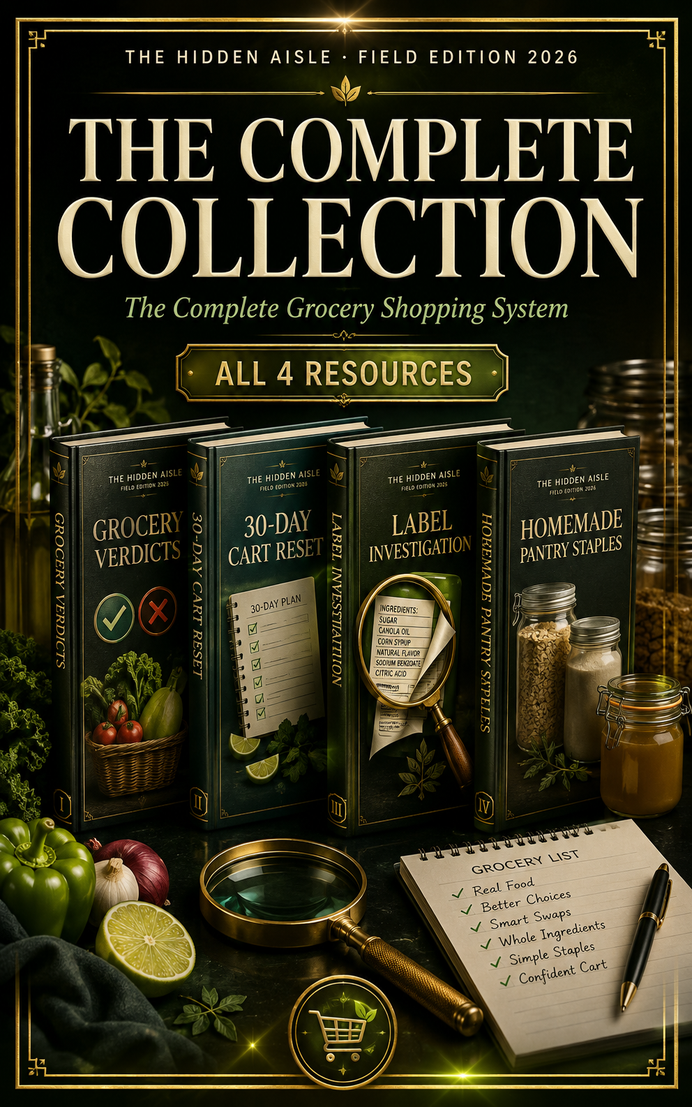 Cover artwork for The Complete Collection: all four Hidden Aisle field edition books standing together with a magnifying glass and a grocery list.